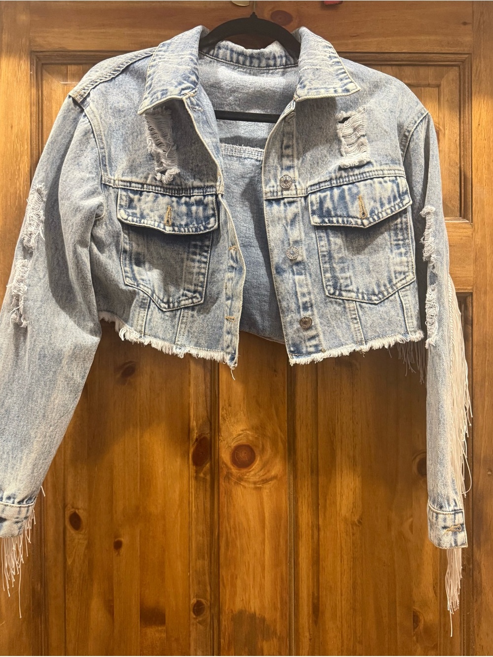 Cropped Distressed Light Wash Denim Jacket - Light Blue